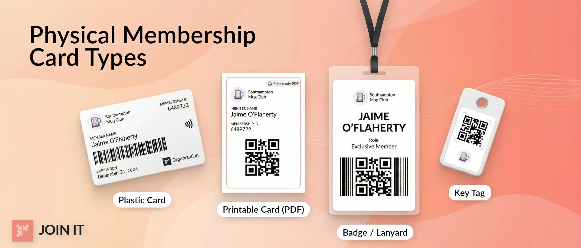 Physical membership card types: plastic card, printable PDF card, badge/lanyard, and key tag.